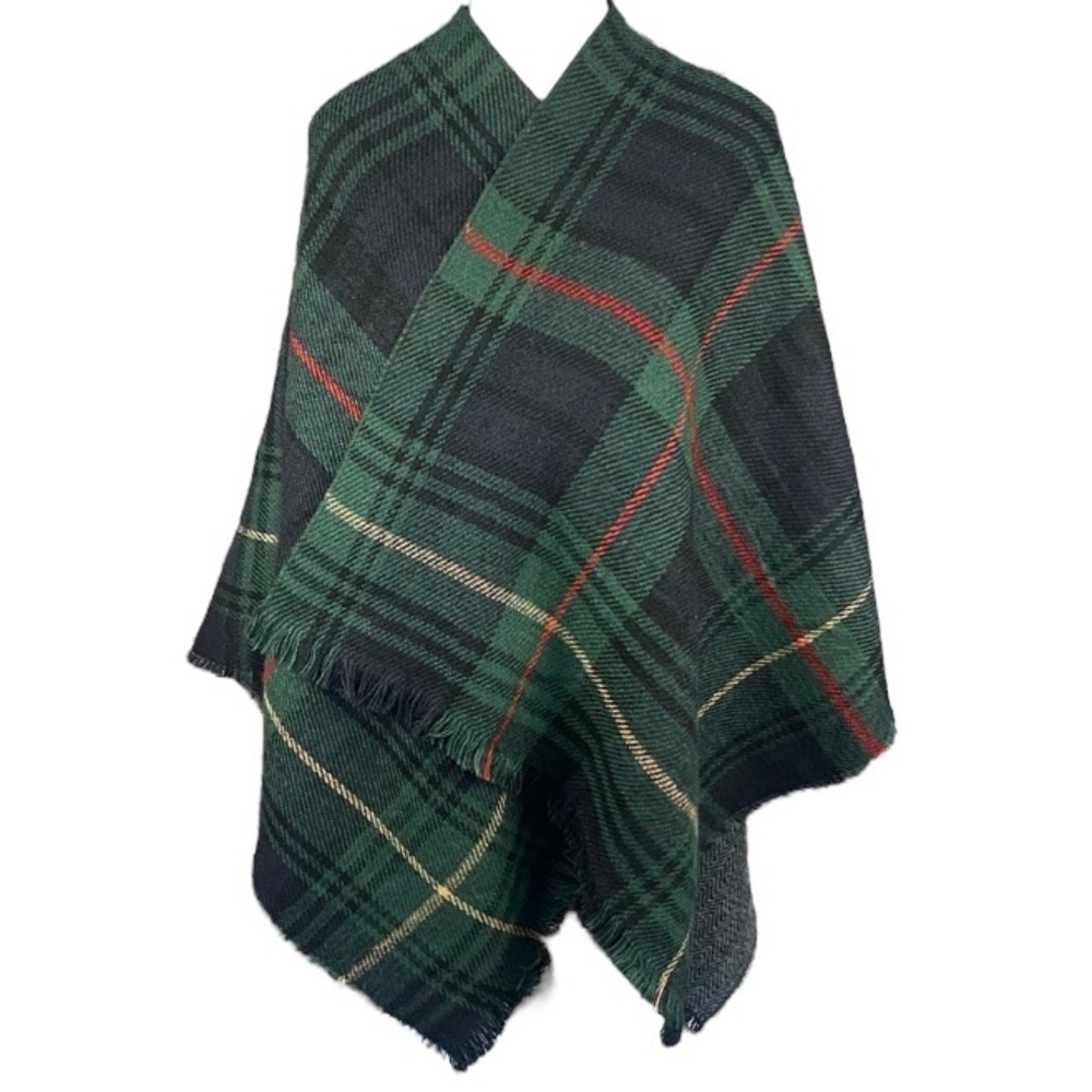 LA Express Acrylic Plaid Tartan Green Navy Versatile Wrap Shawl One Size - Picture 3 of 12